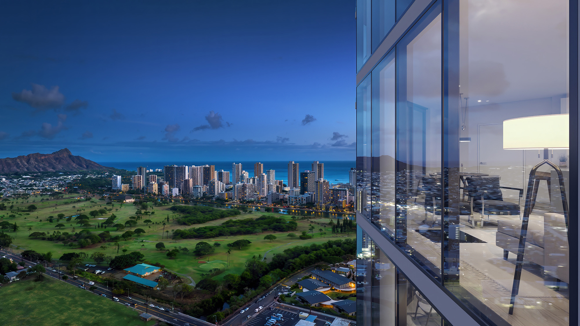 Evening view of the Honolulu/Waikīkī shore from Kuilei Place (rendering)